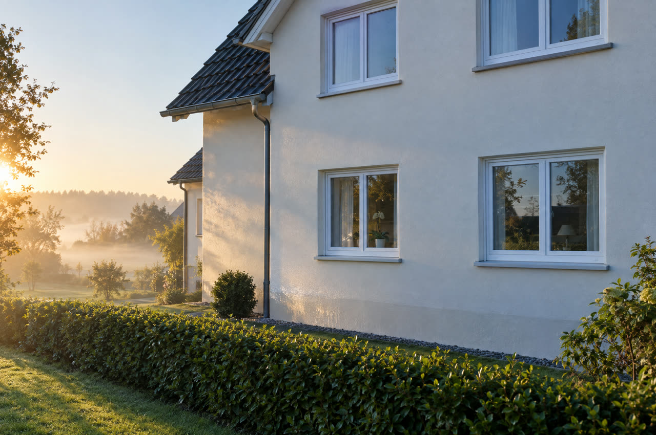 Gereinigte Hausfassade im Morgenlicht